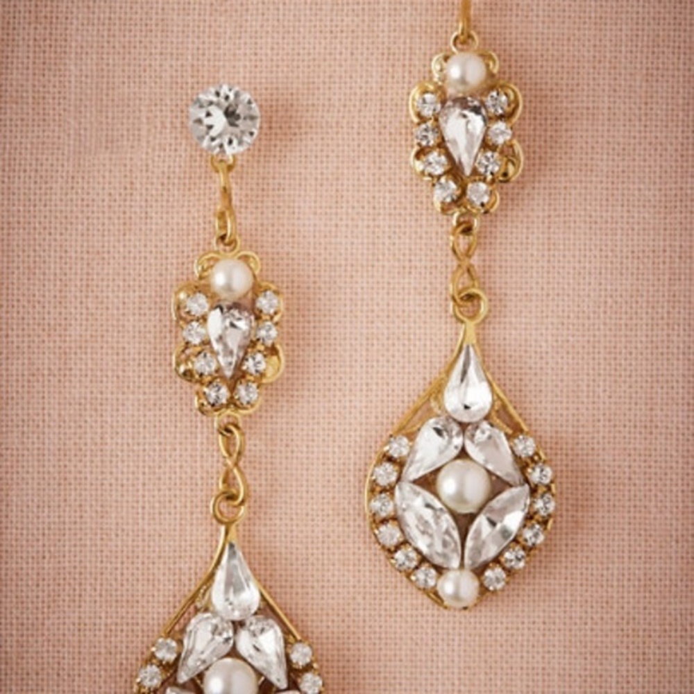 Anthropologie Gold Teardrop Crystal and Pearl Dangle Earrings